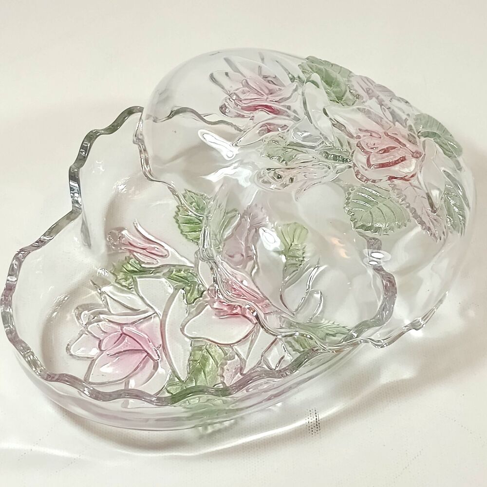 Vintage Glass Heart Trinket Box Covered Dish Frosted Pink Rose Green Leaf Vanity